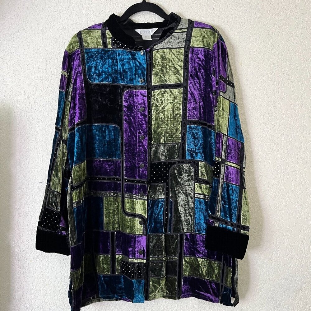 Lutar Womens Medium Purple Black Silk Blend Patchwork Velvet Tunic Shirt/Jacket